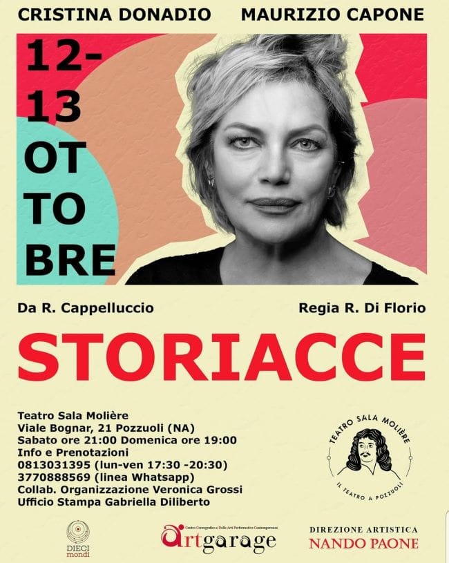 Locandina-Cristina-Donadio 'Storiacce' con Cristina Donadio e Maurizio Capone inaugura la Stagione della Sala Molière
